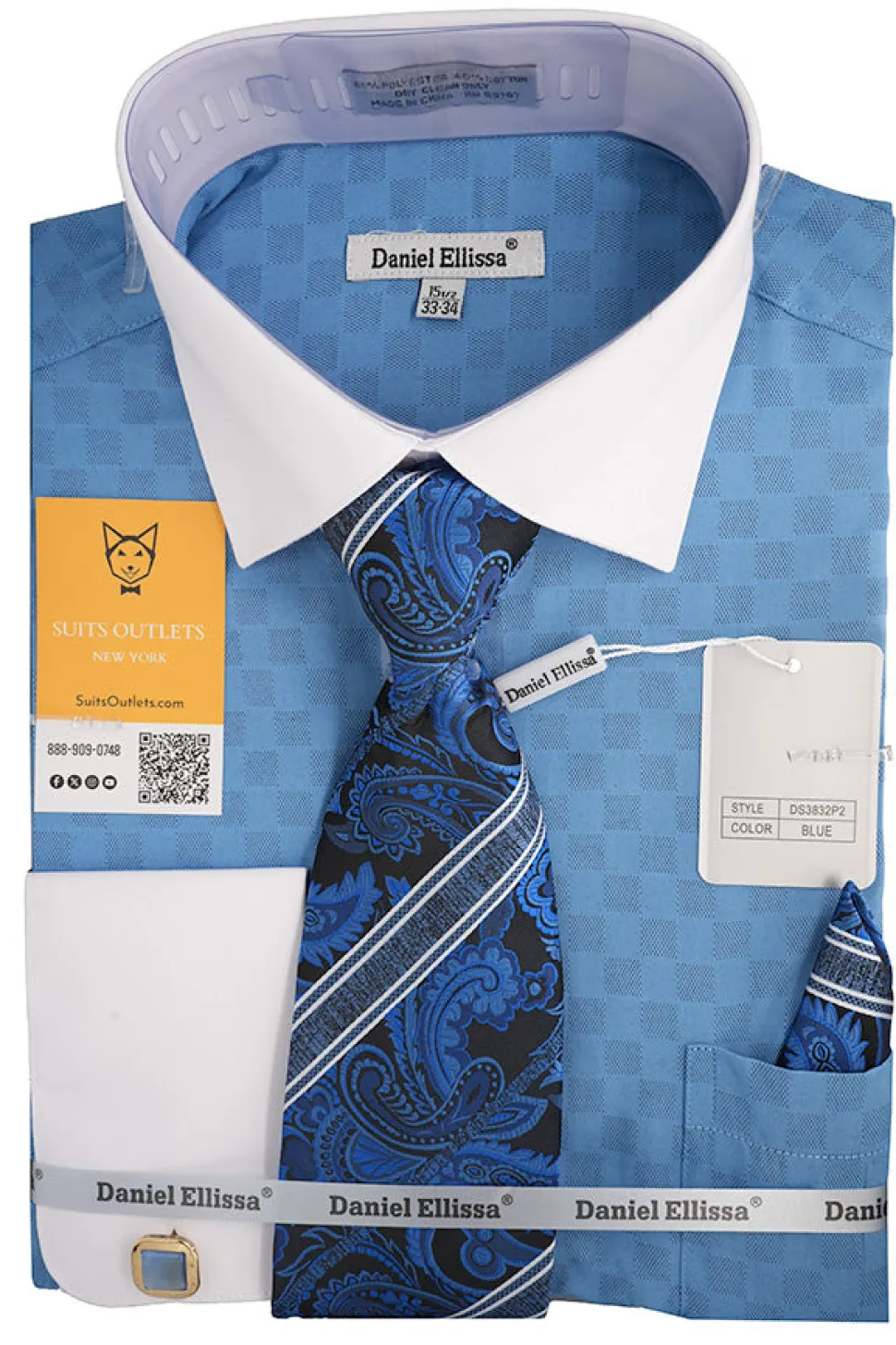 Blue White French Cuff Dress Shirt Set with Tie, Cuff Links and Pocket Square