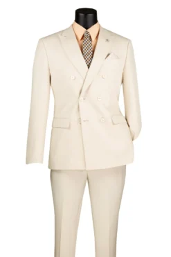 Bone White Slim Fit Double Breasted 2 Piece Suit with Adjustable Waistband