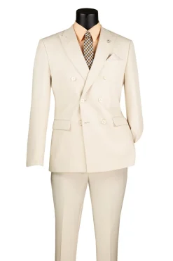 Bone White Slim Fit Double Breasted 2 Piece Suit with Adjustable Waistband