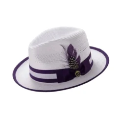 Braided Fedora Hat with Ribbon Band - White/Purple