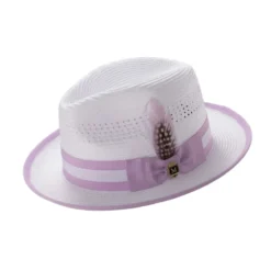 Braided Fedora Hat with Ribbon Band - White/Lavender