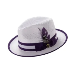 Braided Fedora Hat with Ribbon Band - White/Purple
