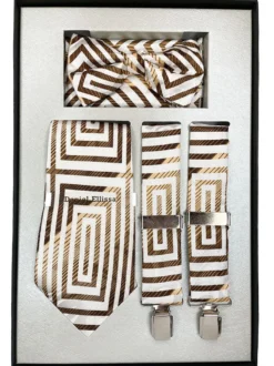Bronze Men's Accessory Box Bow Tie, Necktie, Pocket Square, Suspender 4 Piece Set