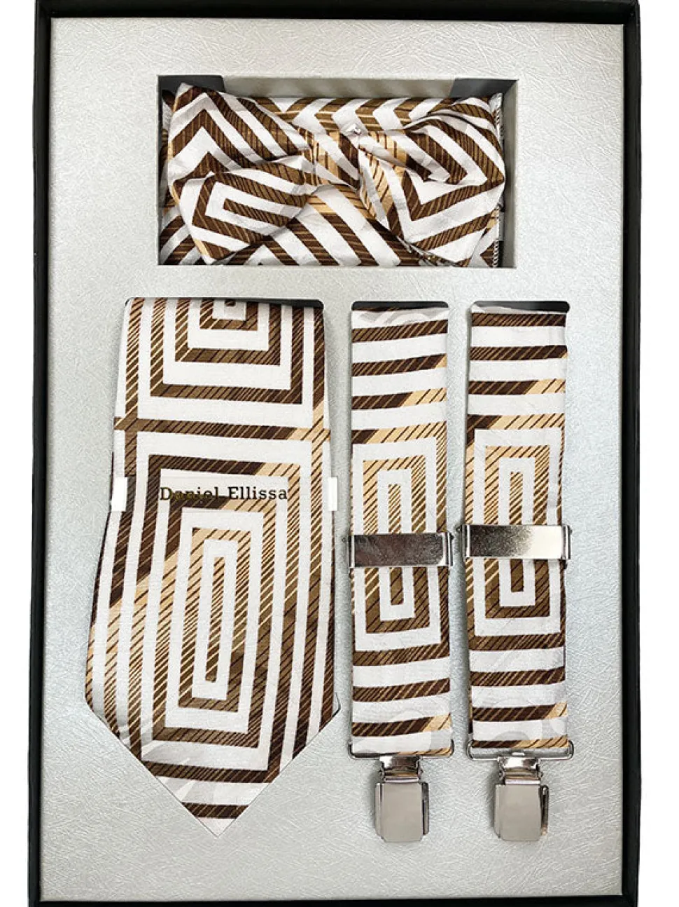 Bronze Men's Accessory Box Bow Tie, Necktie, Pocket Square, Suspender 4 Piece Set