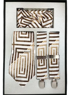 Bronze Men's Accessory Box Bow Tie, Necktie, Pocket Square, Suspender 4 Piece Set
