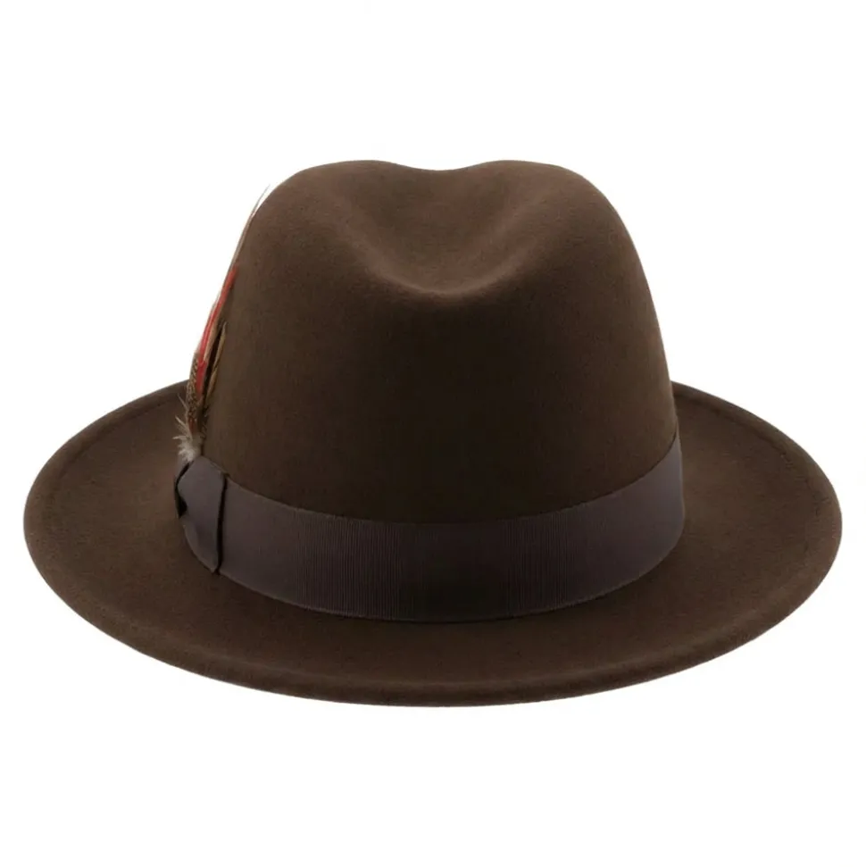 Brooklyn Collection - Wool Felt Crushable Fedora with Feather Accent in Brown