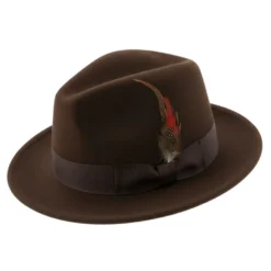 Brooklyn Collection - Wool Felt Crushable Fedora with Feather Accent in Brown