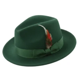 Brooklyn Collection - Wool Felt Crushable Fedora with Feather Accent in Hunter Green