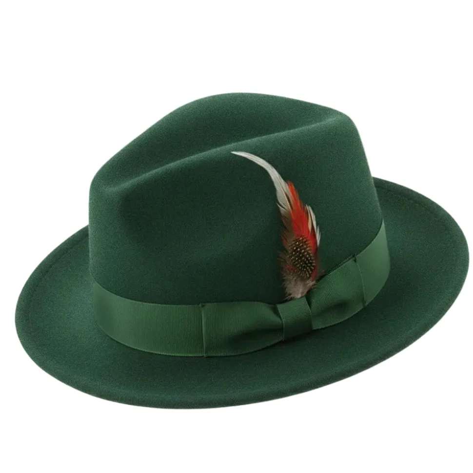 Brooklyn Collection - Wool Felt Crushable Fedora with Feather Accent in Hunter Green