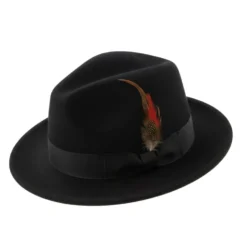 Brooklyn Collection - Wool Felt Crushable Fedora with Feather Accent in Black