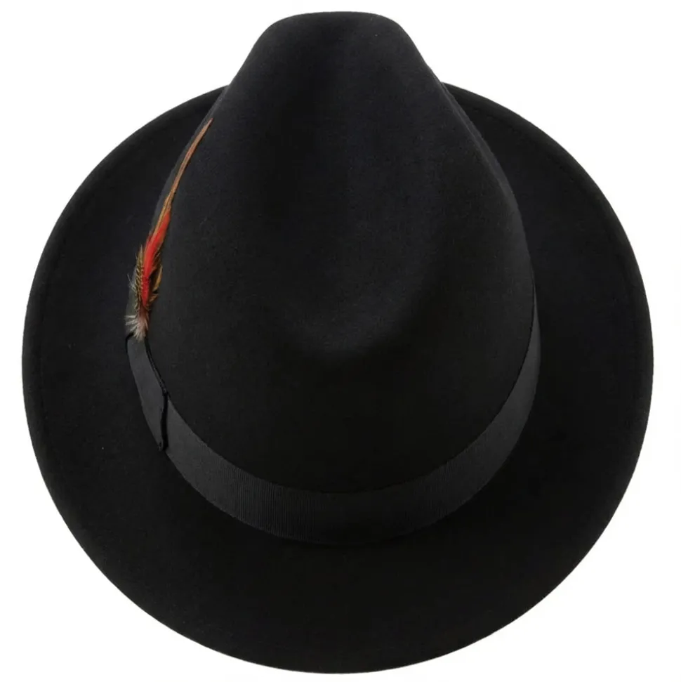 Brooklyn Collection - Wool Felt Crushable Fedora with Feather Accent in Black