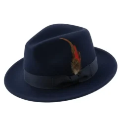 Brooklyn Collection - Wool Felt Crushable Fedora with Feather Accent in Navy