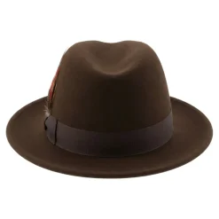 Brooklyn Collection - Wool Felt Crushable Fedora with Feather Accent in Brown