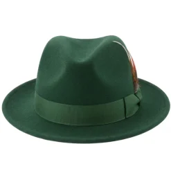 Brooklyn Collection - Wool Felt Crushable Fedora with Feather Accent in Hunter Green