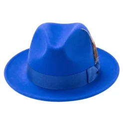 Brooklyn Collection - Wool Felt Crushable Fedora with Feather Accent in Royal