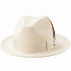 Brooklyn Collection - Wool Felt Crushable Fedora with Feather Accent in Off White