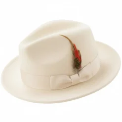 Brooklyn Collection - Wool Felt Crushable Fedora with Feather Accent in Off White