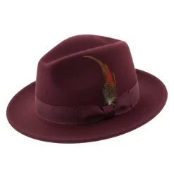 Brooklyn Collection - Wool Felt Crushable Fedora with Feather Accent in Burgundy