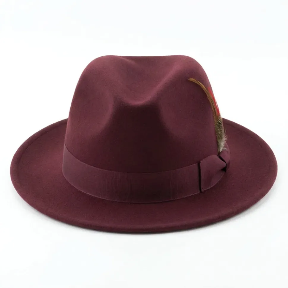 Brooklyn Collection - Wool Felt Crushable Fedora with Feather Accent in Burgundy