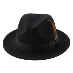 Brooklyn Collection - Wool Felt Crushable Fedora with Feather Accent in Black