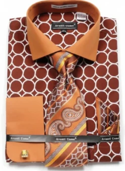 Brown Circle Print French Cuff Dress Shirt Set