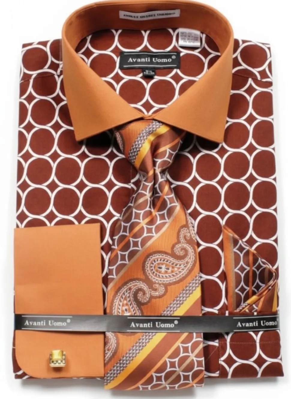 Brown Circle Print French Cuff Dress Shirt Set