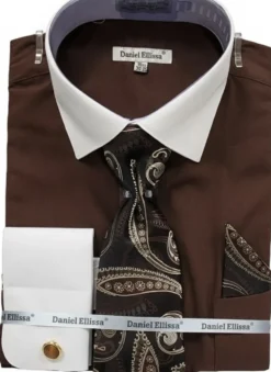 Brown Geometric Jacquard Pattern French Cuff Dress Shirt Set