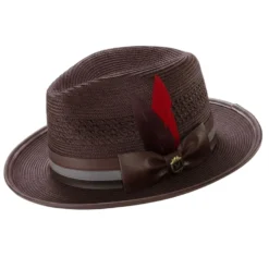 Brown Mesh Braided Fedora Hat with Feather Stripe Trim Ribbon Band