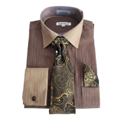 Brown Textured French Cuff Dress Shirt Set