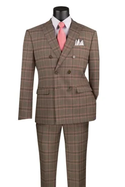 Brown Modern Fit Double Breasted Glen Plaid Peak Lapel 2 Piece Suit