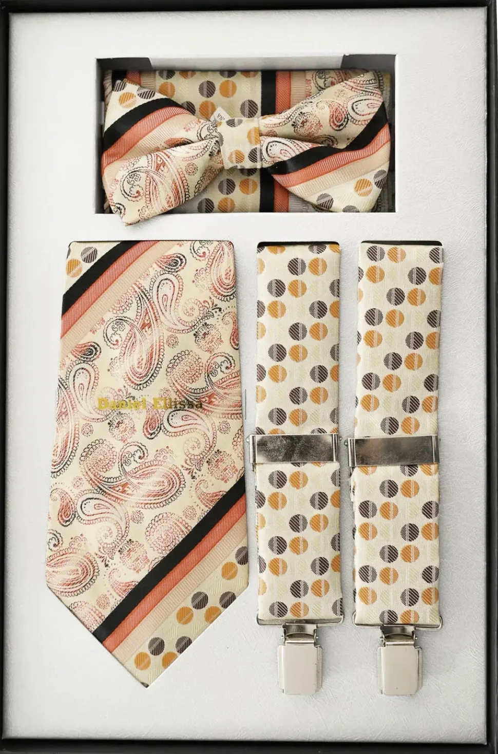 Brown Polka Dot Men's Accessory Box Bow Tie, Necktie, Pocket Square, Suspender 4 Piece Set