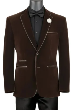 Brown Slim Fit Velvet Sport Coat Single Breasted 2 buttons