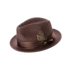 Brown Solid Color Pinch Braided Fedora With Matching Satin Ribbon