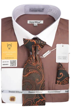 Brown White French Cuff Dress Shirt Set with Tie, Cuff Links and Pocket Square