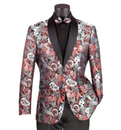 Burgundy Modern Fit Paisley Pattern Jacquard Fabric Jacket with Bow Tie