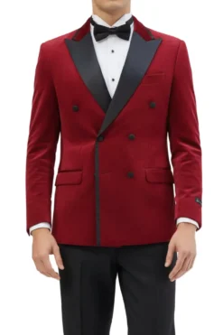 Burgundy Slim Fit Double Breasted Velvet Jacket