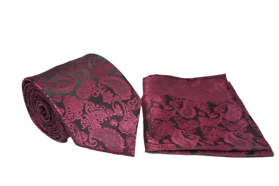 Burgundy Black Paisley Pattern Men's Tie and Pocket Square Set