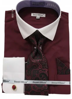 Burgundy Geometric Jacquard Pattern French Cuff Dress Shirt Set