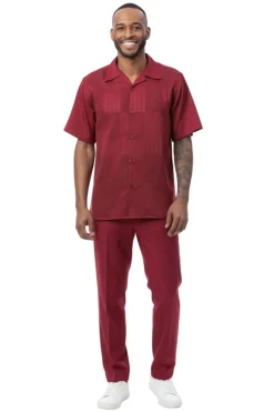 Burgundy Geometric Jacquard Panel Short Sleeve Walking Suit