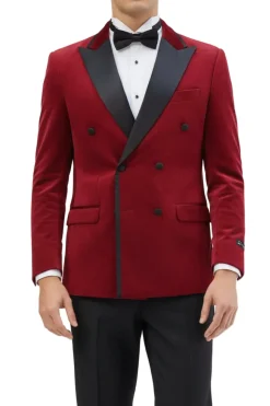 Burgundy Slim Fit Double Breasted Velvet Jacket
