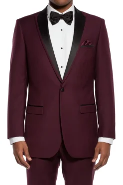 Burgundy Slim Fit 2 Piece Tuxedo With Satin Peak Lapel
