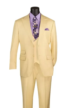 Butter Regular Fit 3 Piece Sharkskin Suit with Vest and Adjustable Waistband Pants