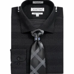 Button Cuff Slim Fit Mini Dots Dress Shirt Set Black