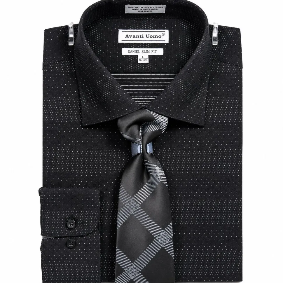 Button Cuff Slim Fit Mini Dots Dress Shirt Set Black