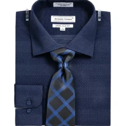 Button Cuff Slim Fit Mini Dots Dress Shirt Set Navy
