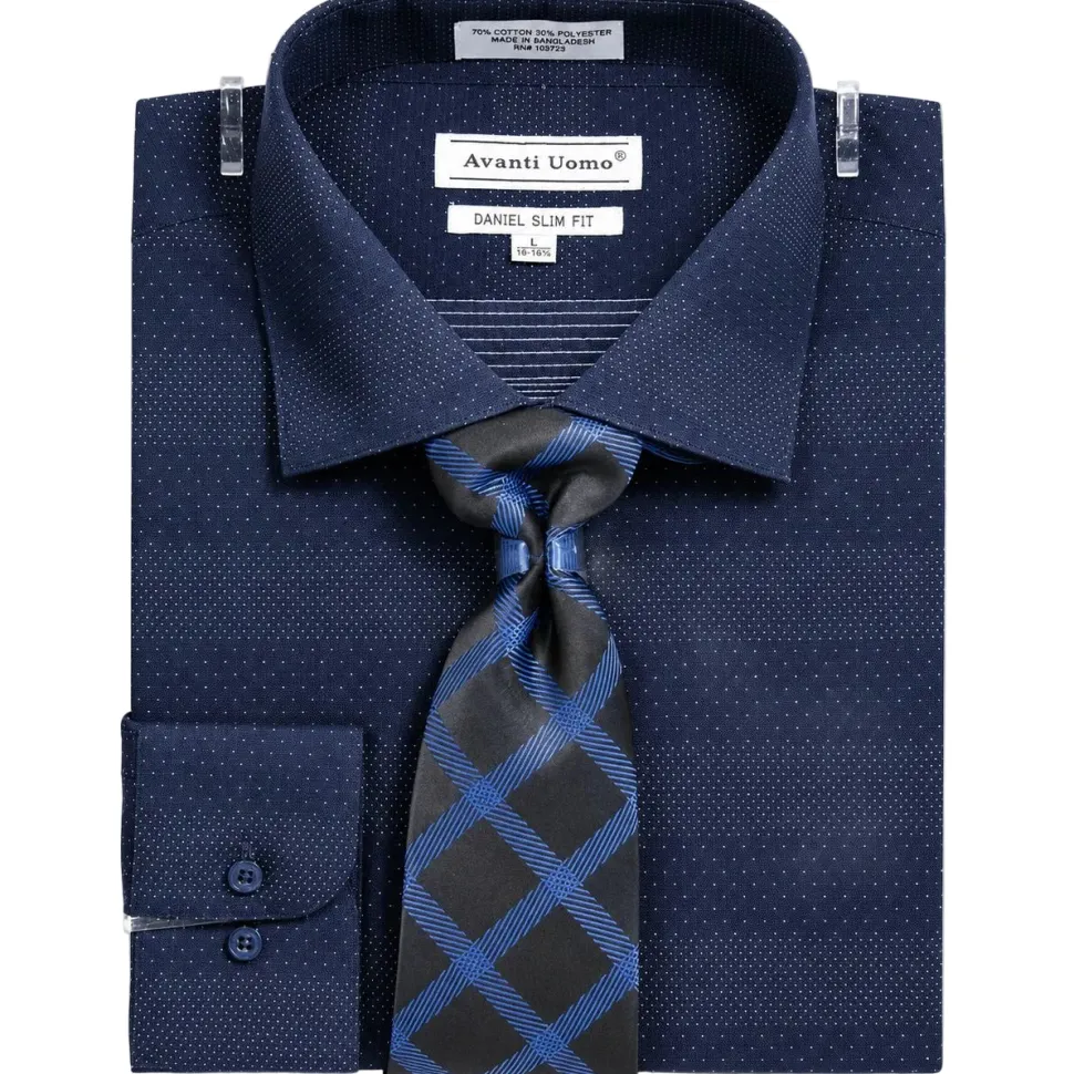 Button Cuff Slim Fit Mini Dots Dress Shirt Set Navy