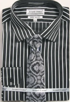Button Cuff Slim Fit Stripe Shirt in Black/Silver and Tie Set