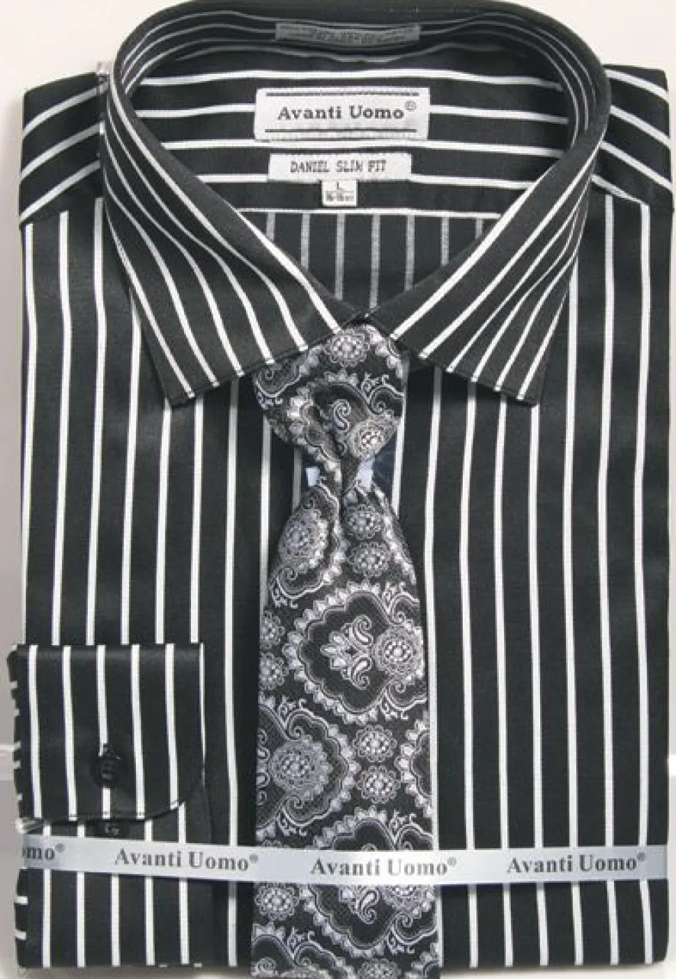 Button Cuff Slim Fit Stripe Shirt in Black/Silver and Tie Set