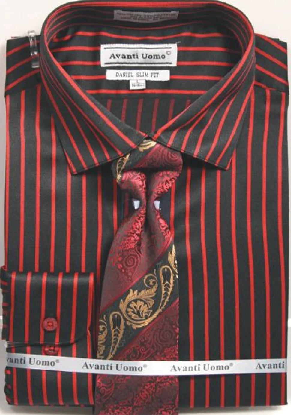 Button Cuff Slim Fit Stripe Shirt in Black/Red and Tie Set