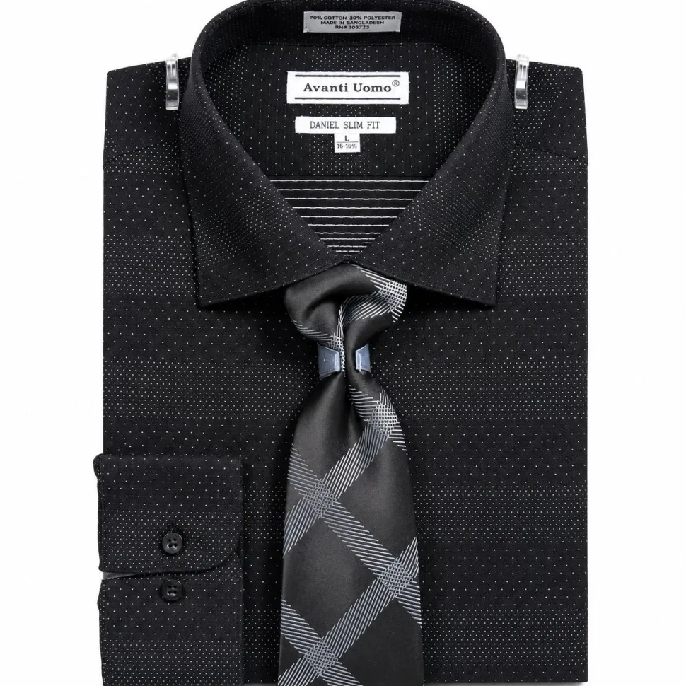 Button Cuff Slim Fit Mini Dots Dress Shirt Set Black